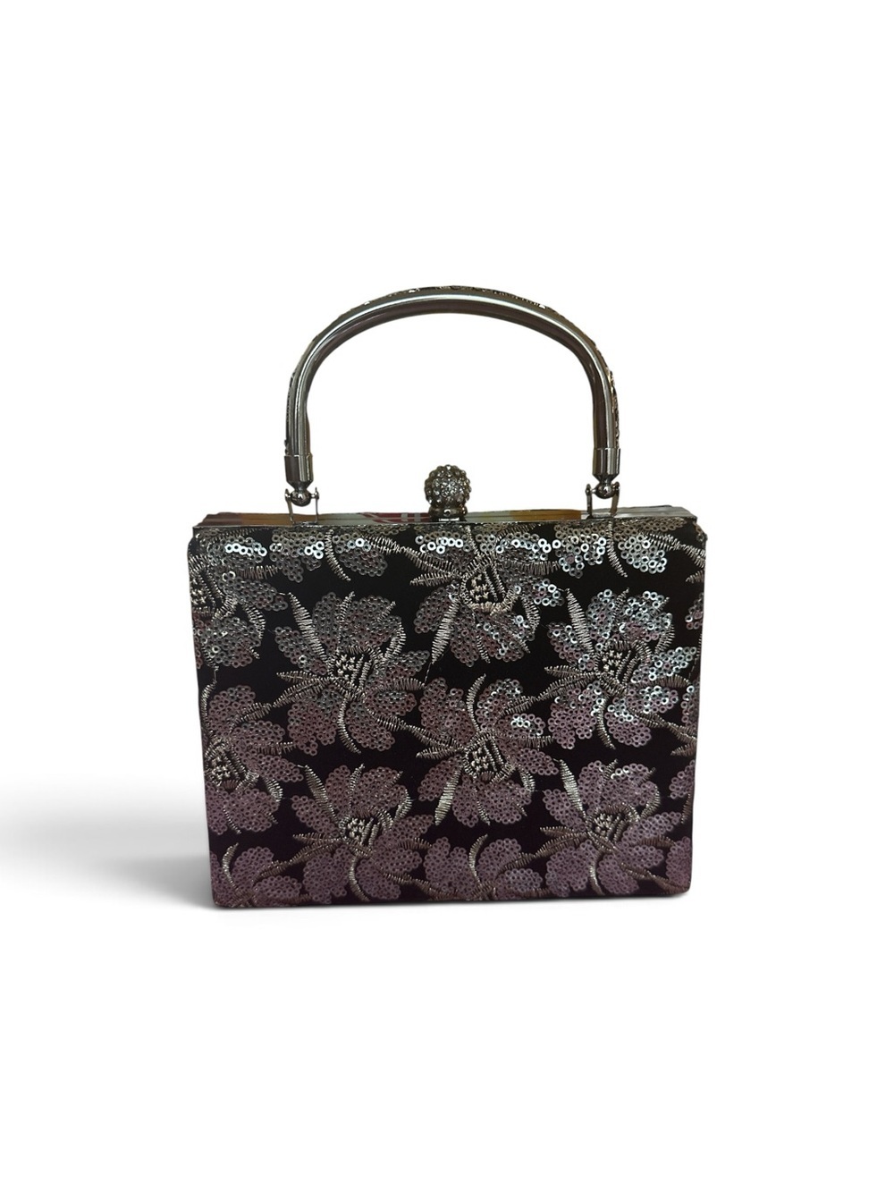 Sequin Floral Box Clutch with Top Handle - Black Silver